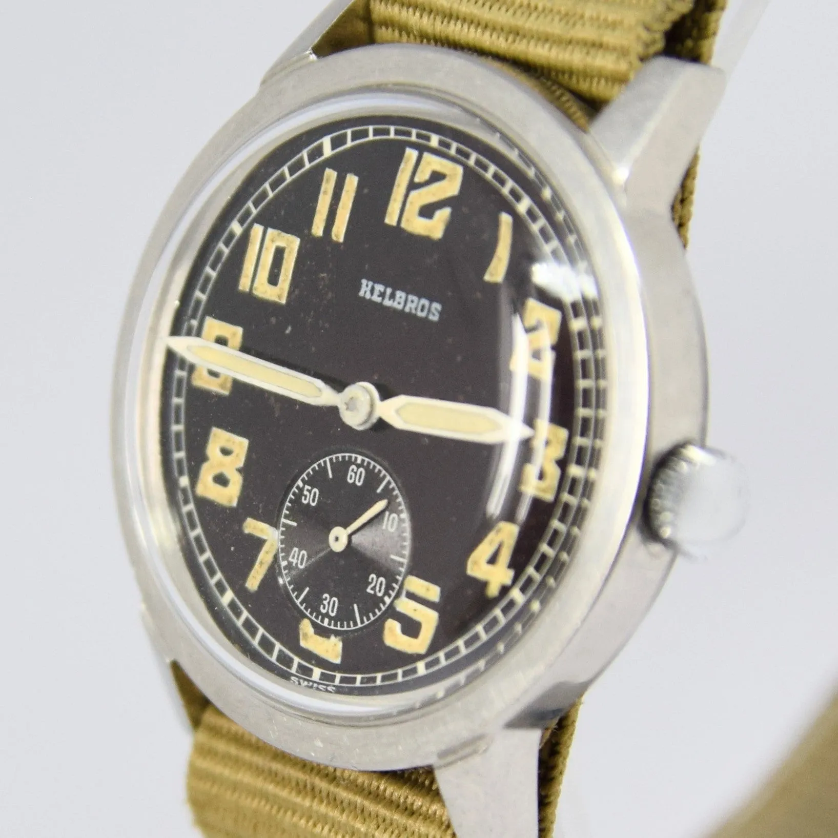 1940s Helbros Rare Military Style Wristwatch with Original Propaganda Box Helvetia Cal 82a