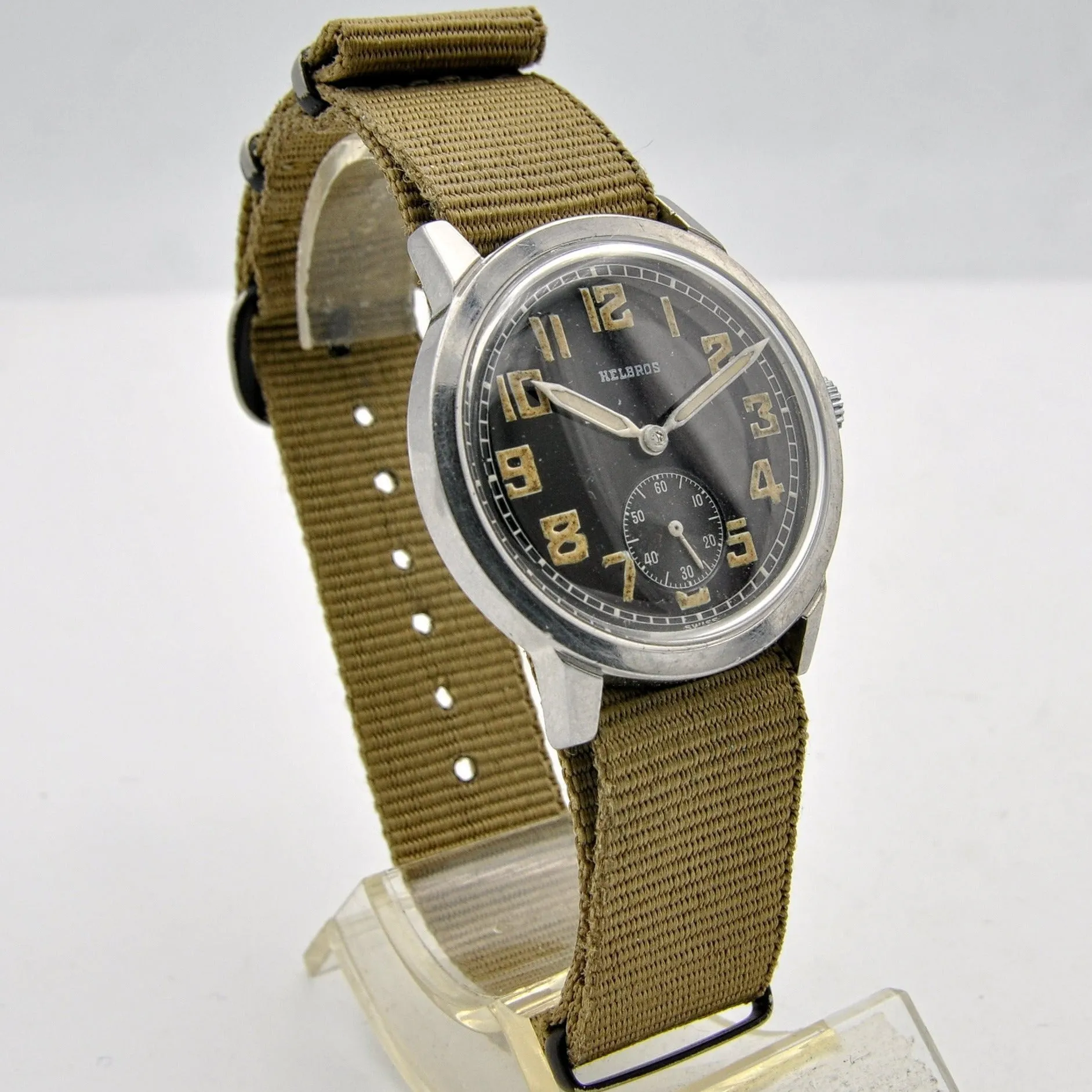 1940s Helbros Rare Military Style Wristwatch with Original Propaganda Box Helvetia Cal 82a