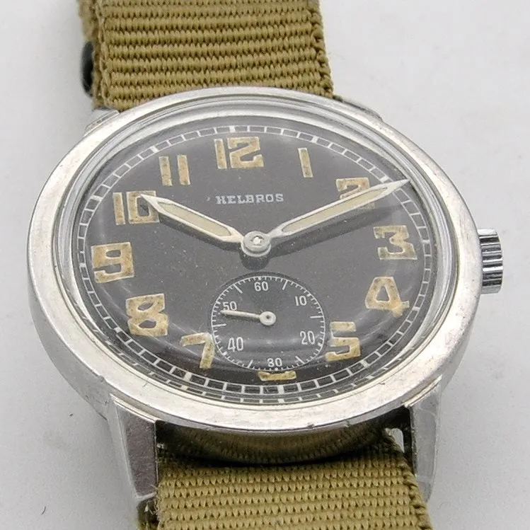 1940s Helbros Rare Military Style Wristwatch with Original Propaganda Box Helvetia Cal 82a