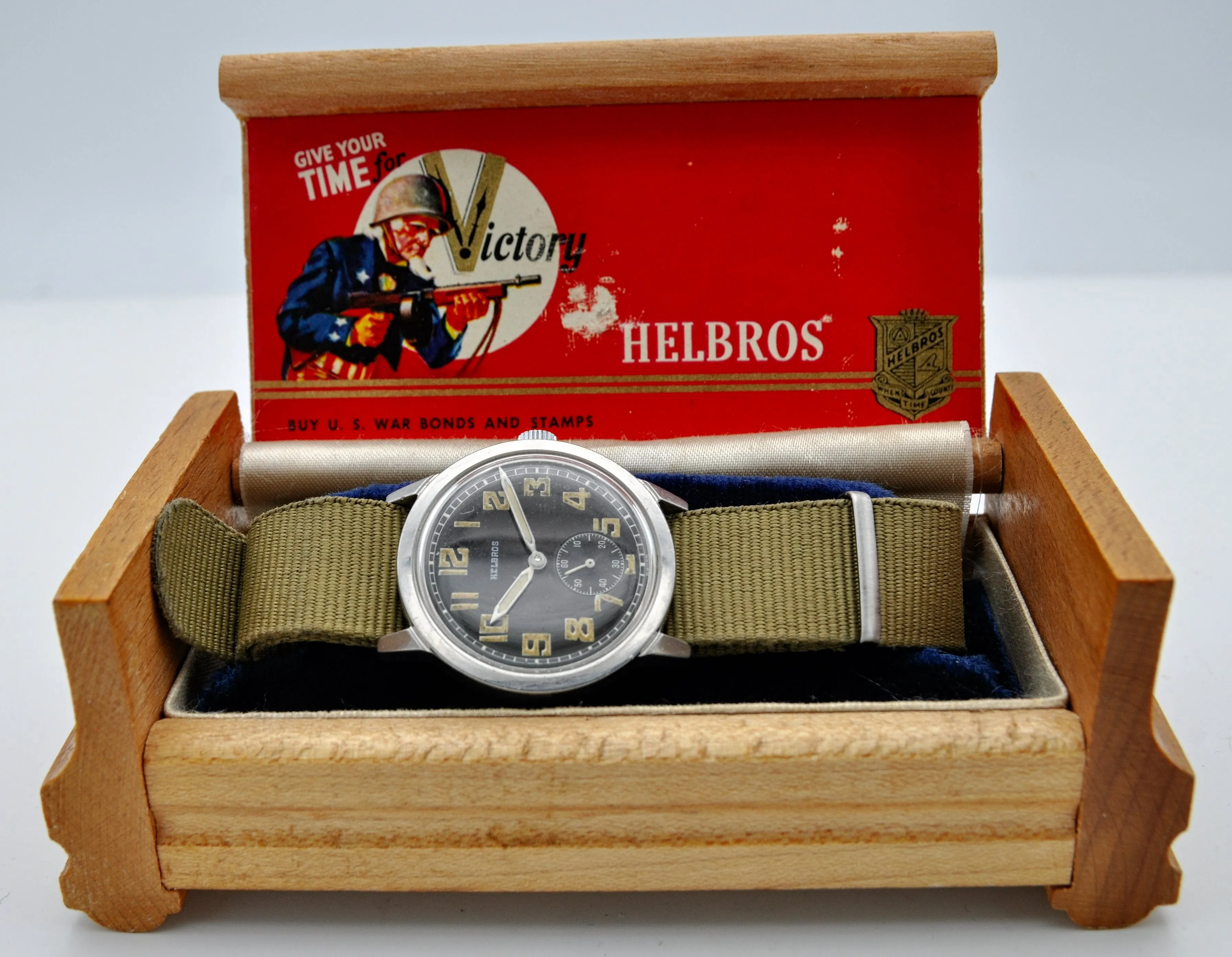 1940s Helbros Rare Military Style Wristwatch with Original Propaganda Box Helvetia Cal 82a
