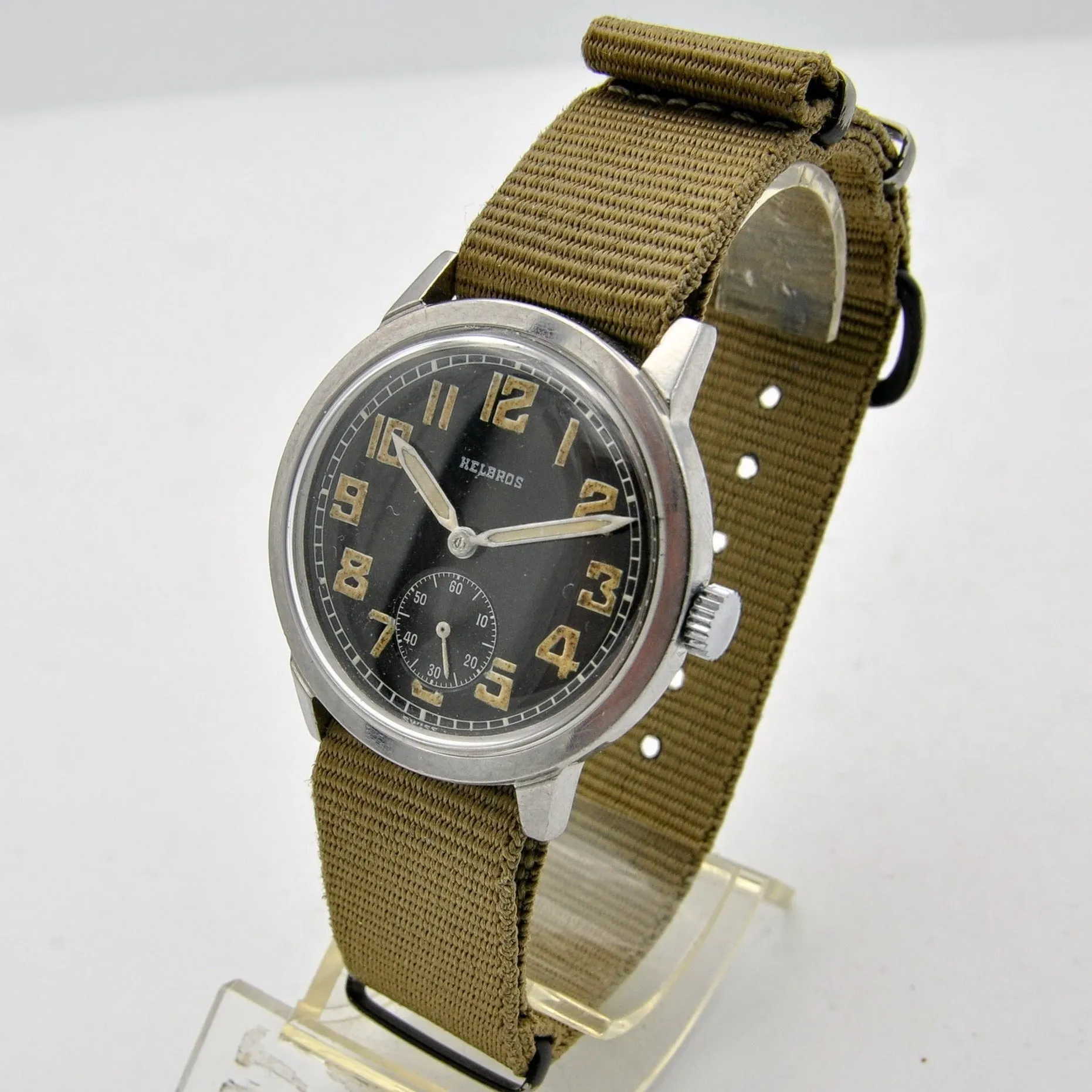 1940s Helbros Rare Military Style Wristwatch with Original Propaganda Box Helvetia Cal 82a