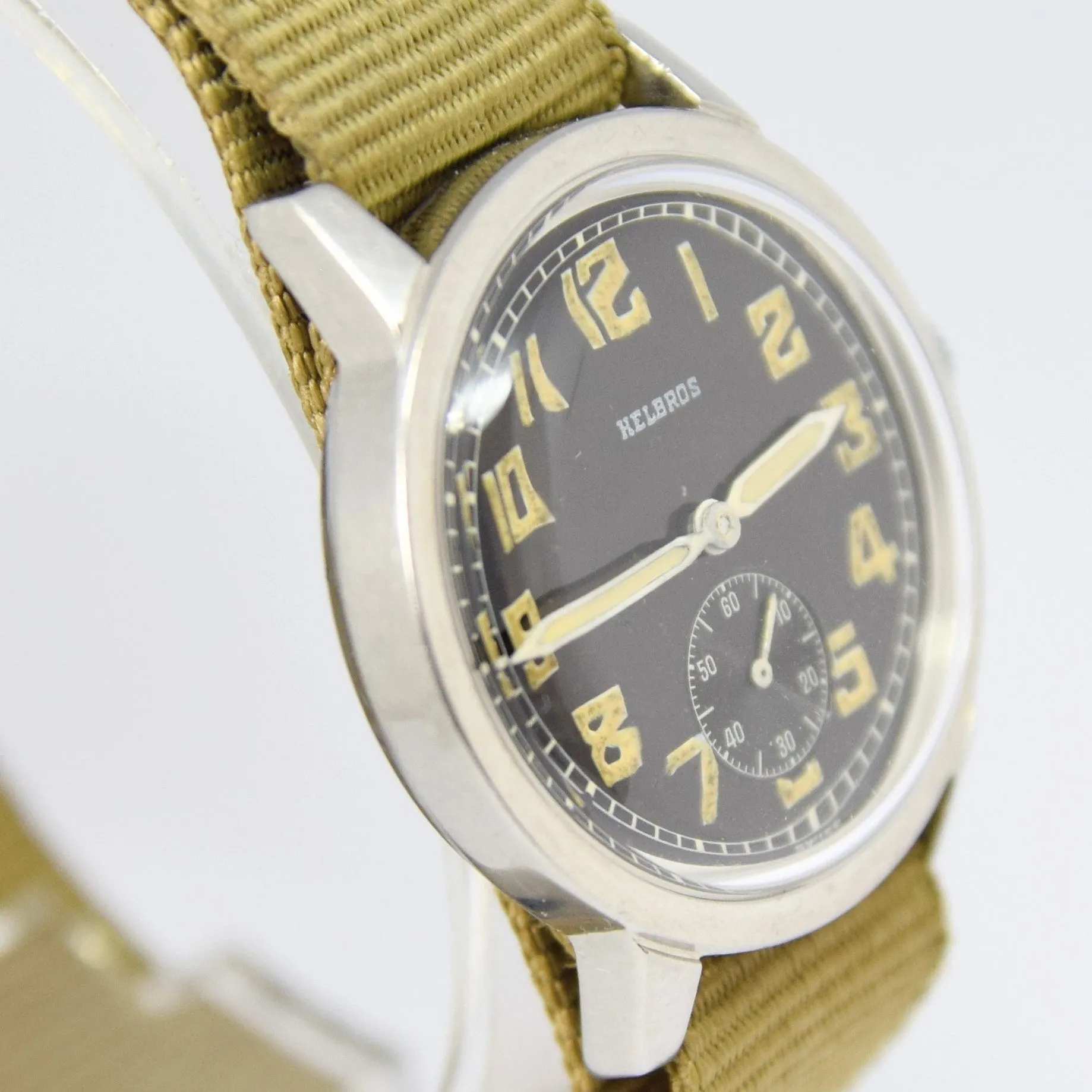 1940s Helbros Rare Military Style Wristwatch with Original Propaganda Box Helvetia Cal 82a
