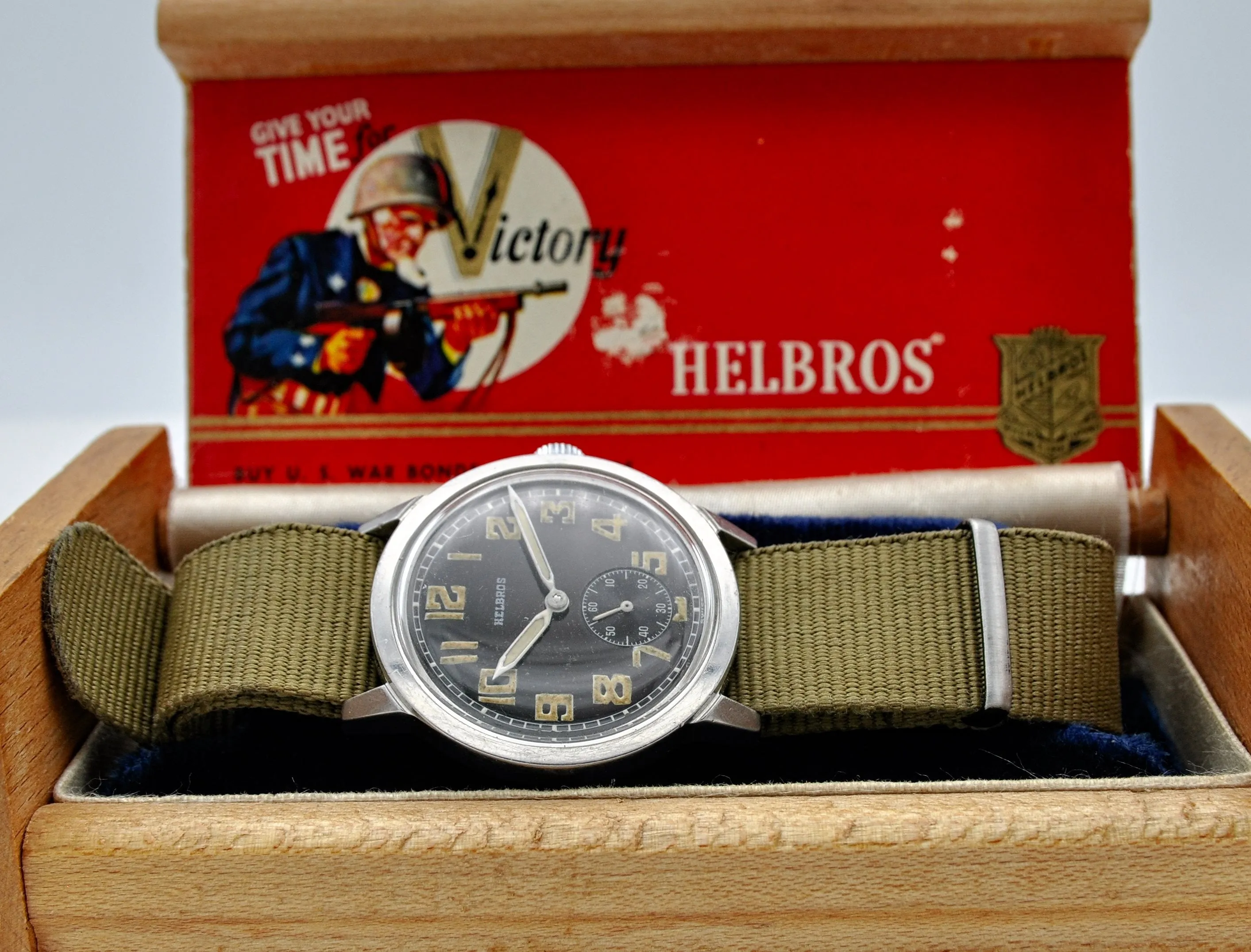 1940s Helbros Rare Military Style Wristwatch with Original Propaganda Box Helvetia Cal 82a