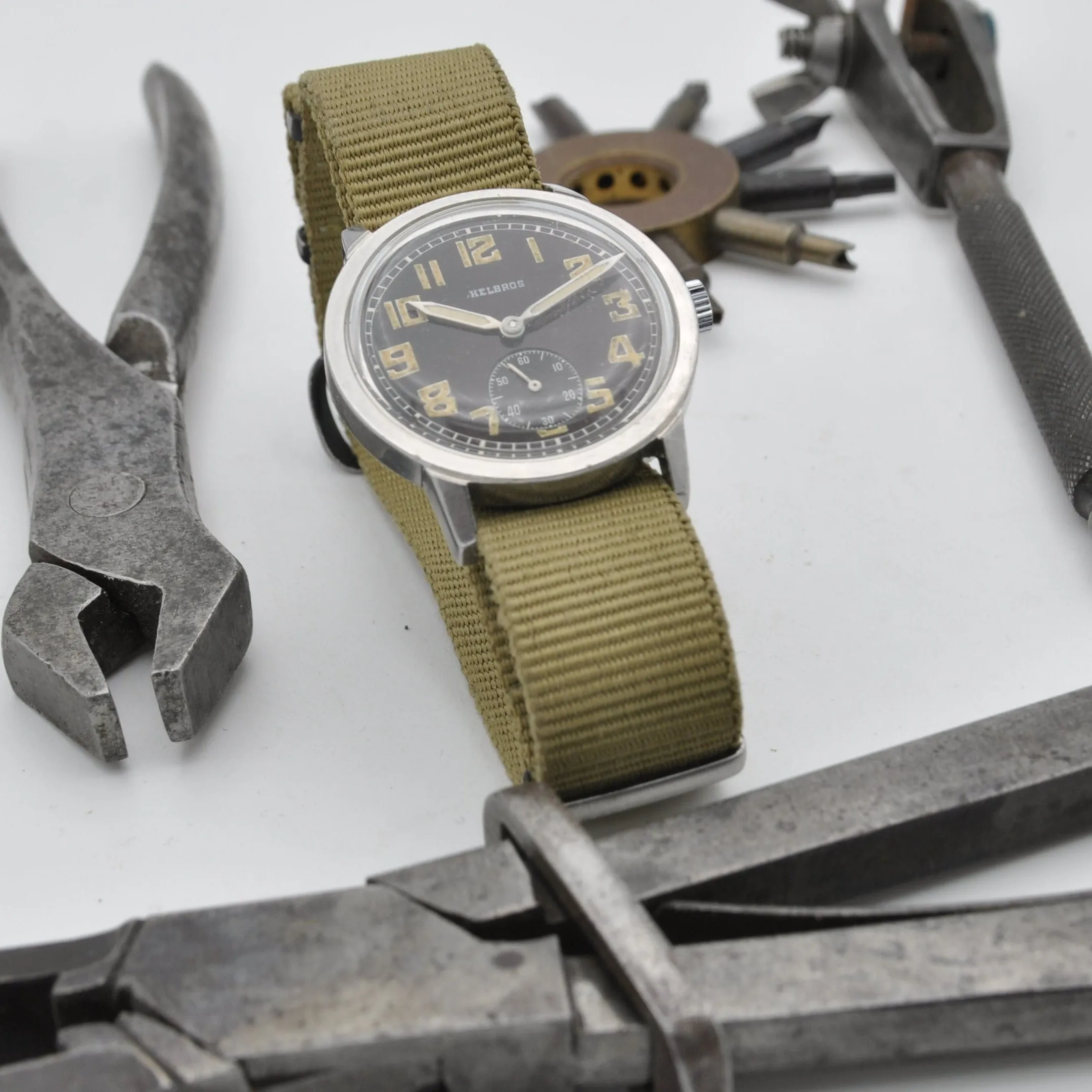 1940s Helbros Rare Military Style Wristwatch with Original Propaganda Box Helvetia Cal 82a