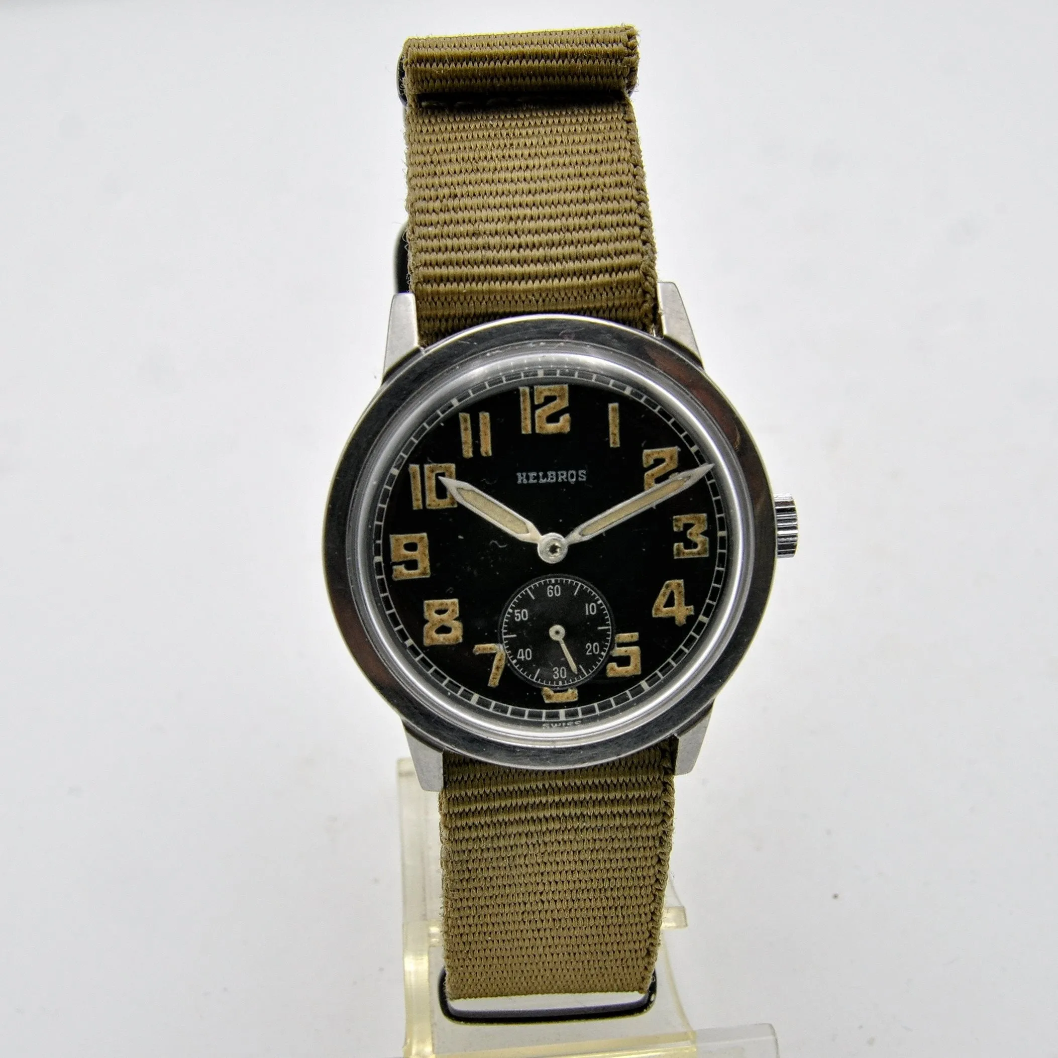 1940s Helbros Rare Military Style Wristwatch with Original Propaganda Box Helvetia Cal 82a