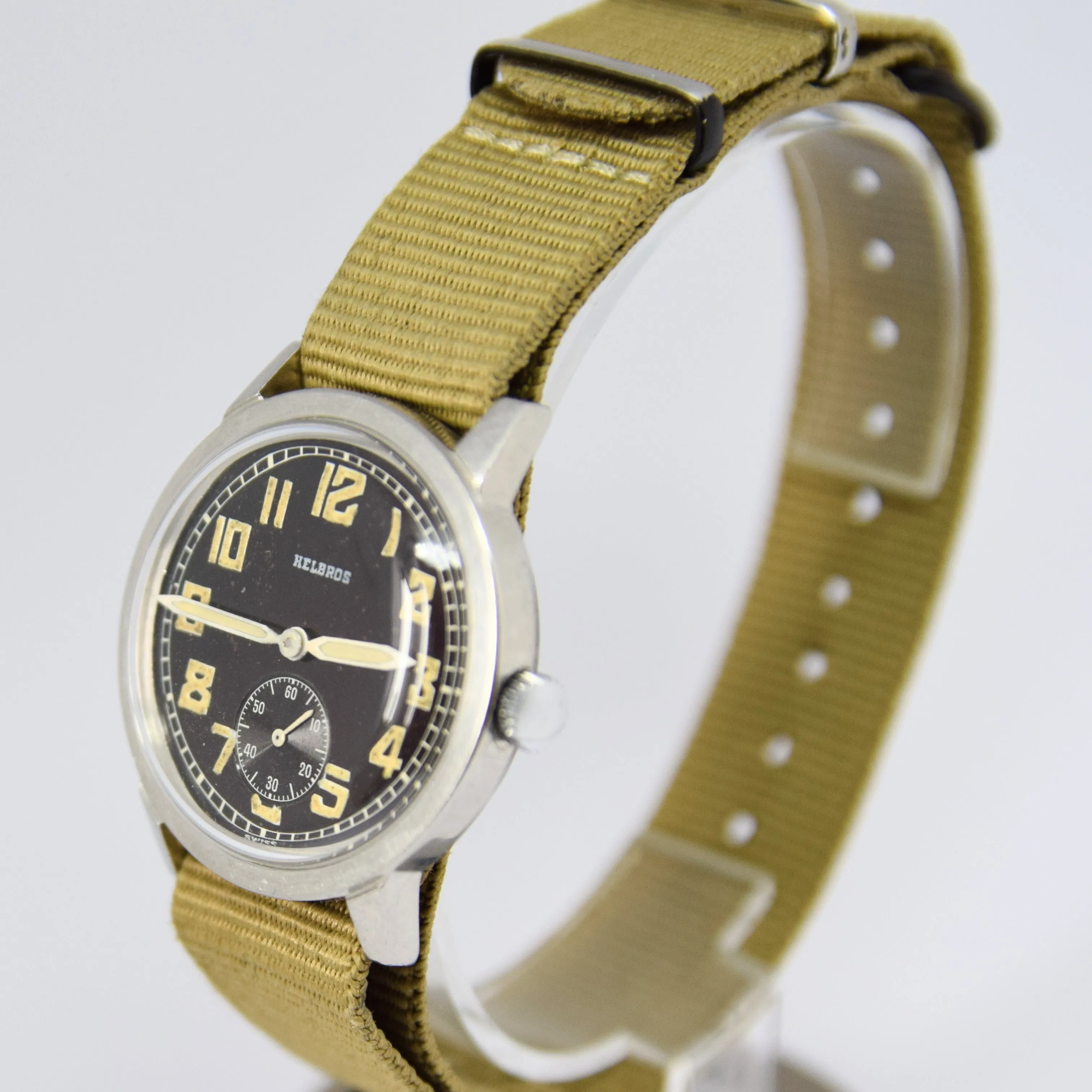 1940s Helbros Rare Military Style Wristwatch with Original Propaganda Box Helvetia Cal 82a