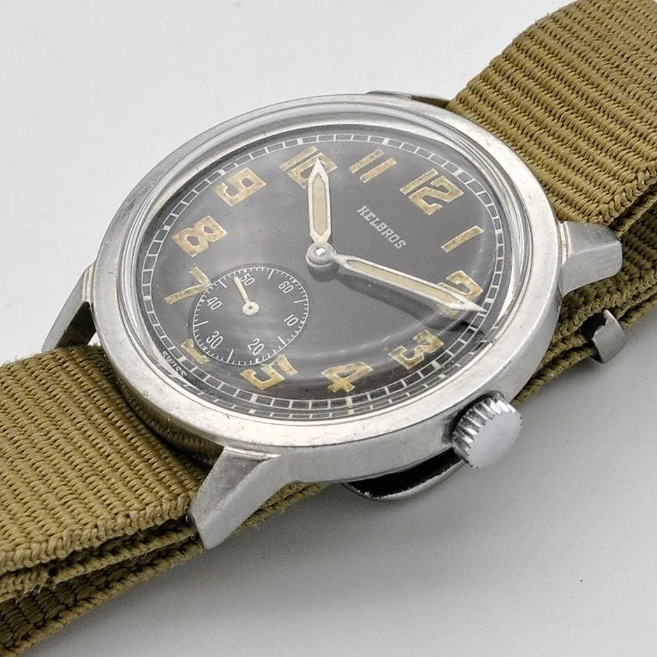 1940s Helbros Rare Military Style Wristwatch with Original Propaganda Box Helvetia Cal 82a