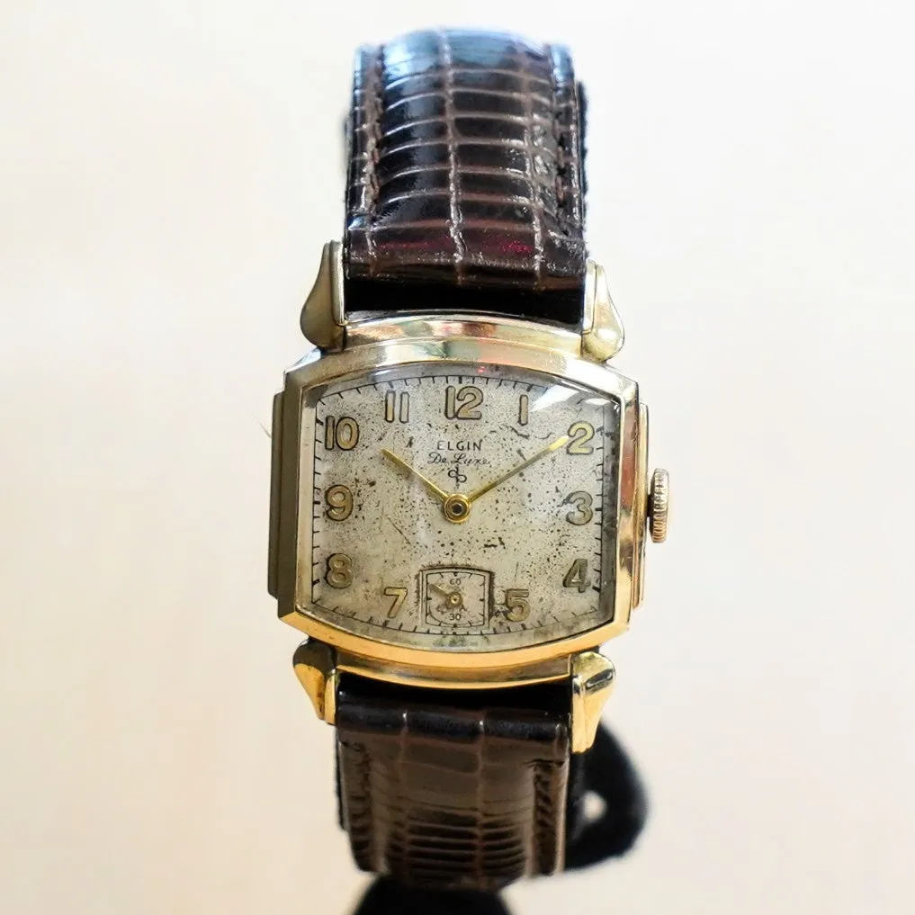 1947 ELGIN De Luxe Watch Durapower 17 Jewels Grade 555 Wristwatch 10K GF Fancy Case