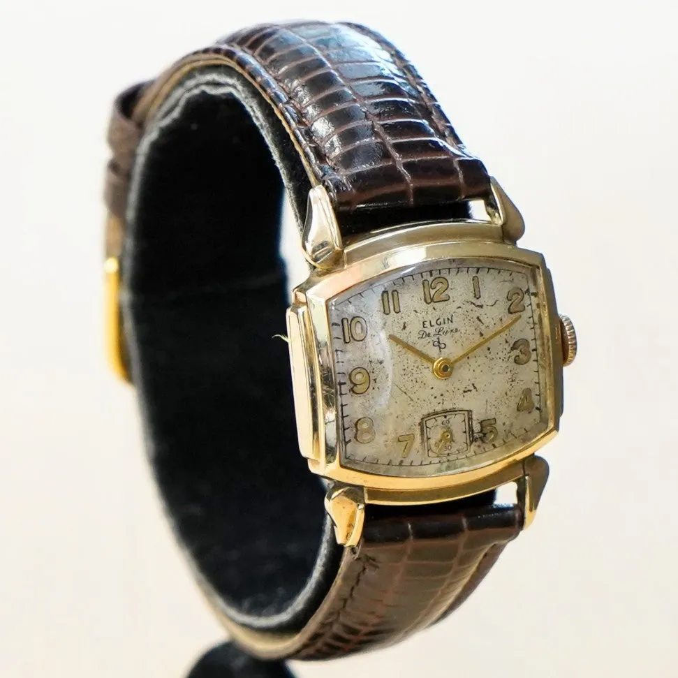 1947 ELGIN De Luxe Watch Durapower 17 Jewels Grade 555 Wristwatch 10K GF Fancy Case