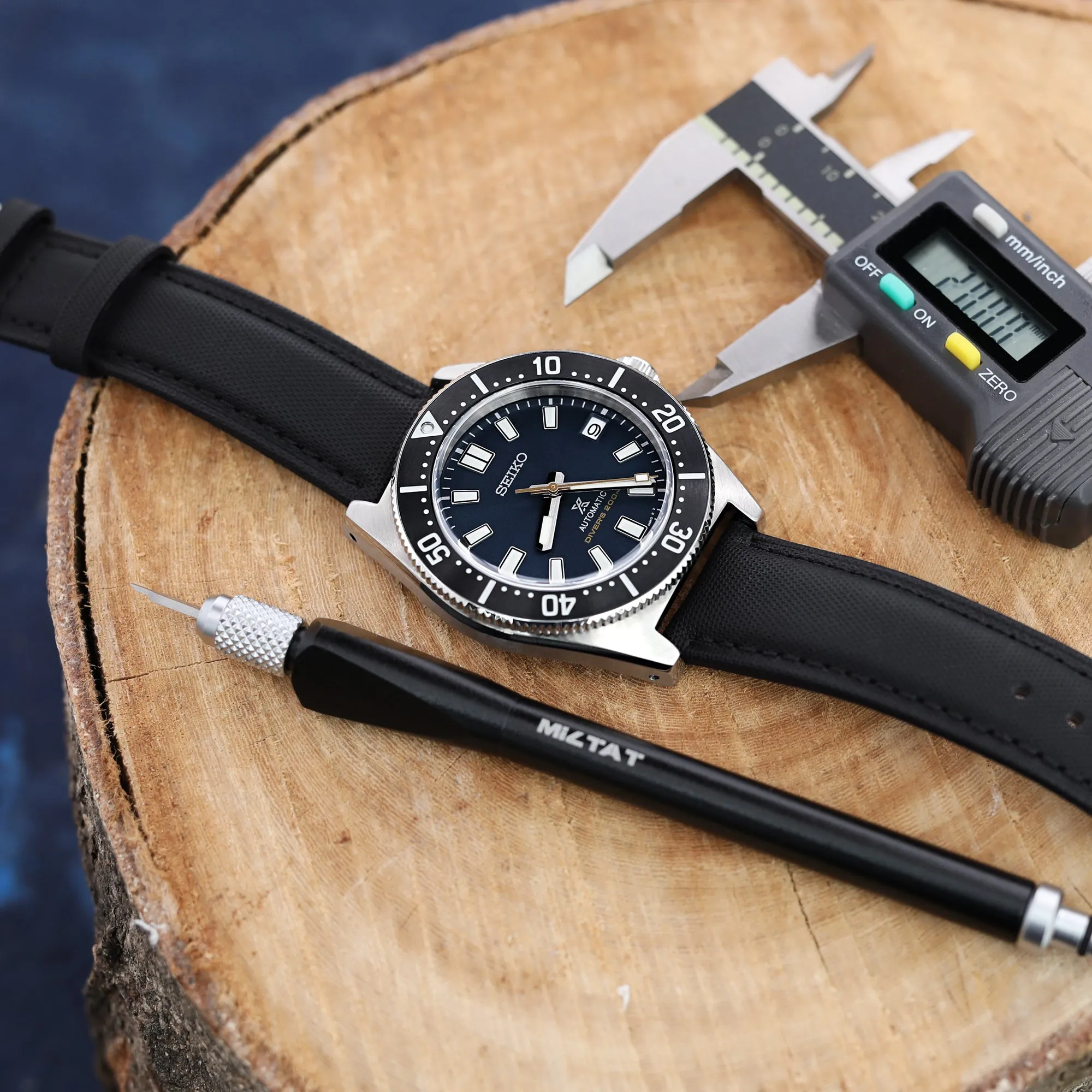 20mm or 22mm Black Woven Texture Watch Strap, Black Stitching, Brushed