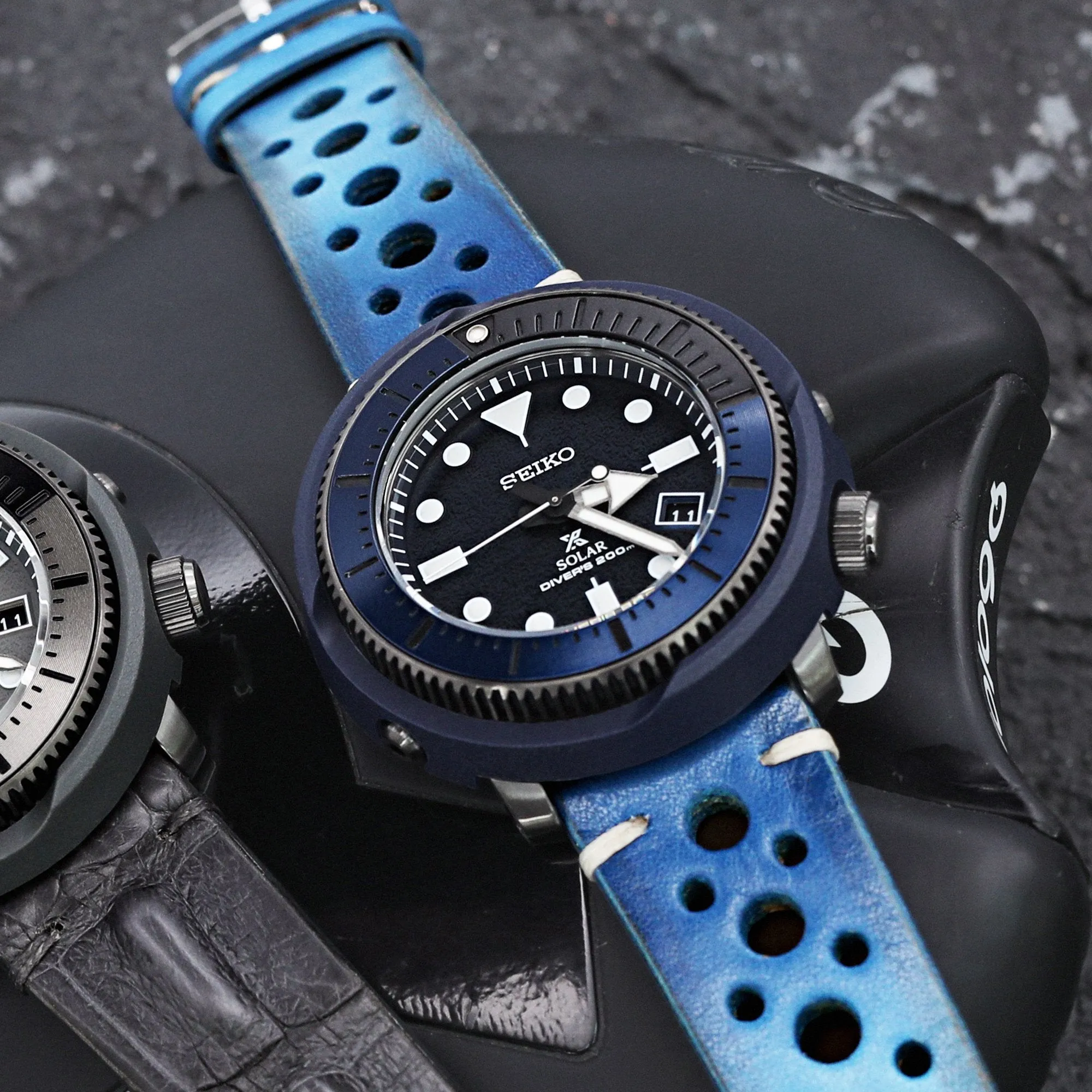 20mm or 22mm MiLTAT Italian Handmade Racer Vintage Blue Watch Strap, White Stitching