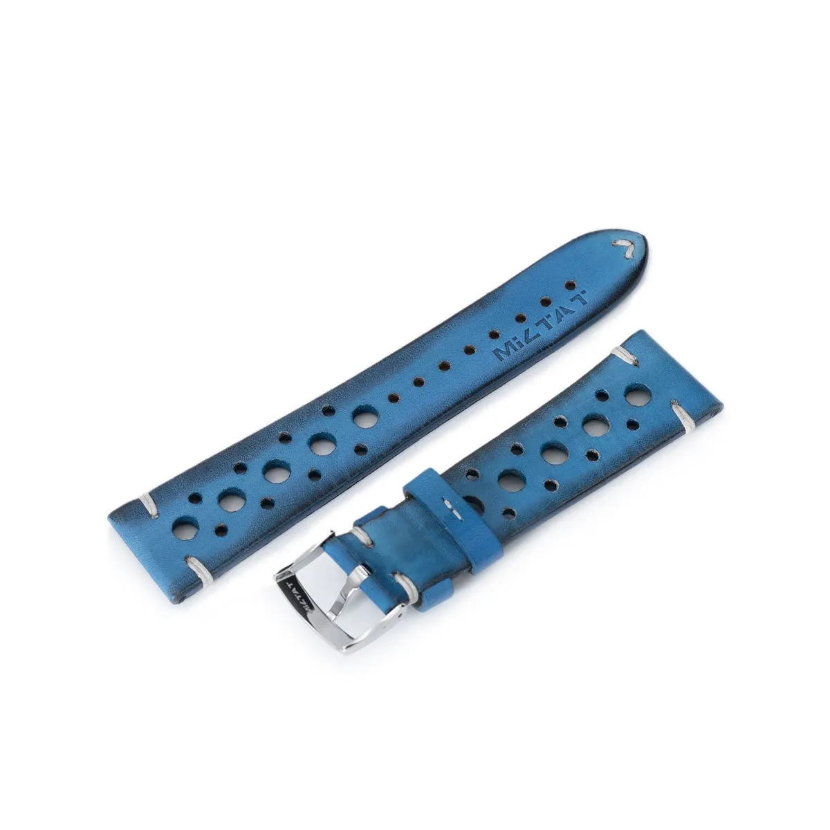 20mm or 22mm MiLTAT Italian Handmade Racer Vintage Blue Watch Strap, White Stitching