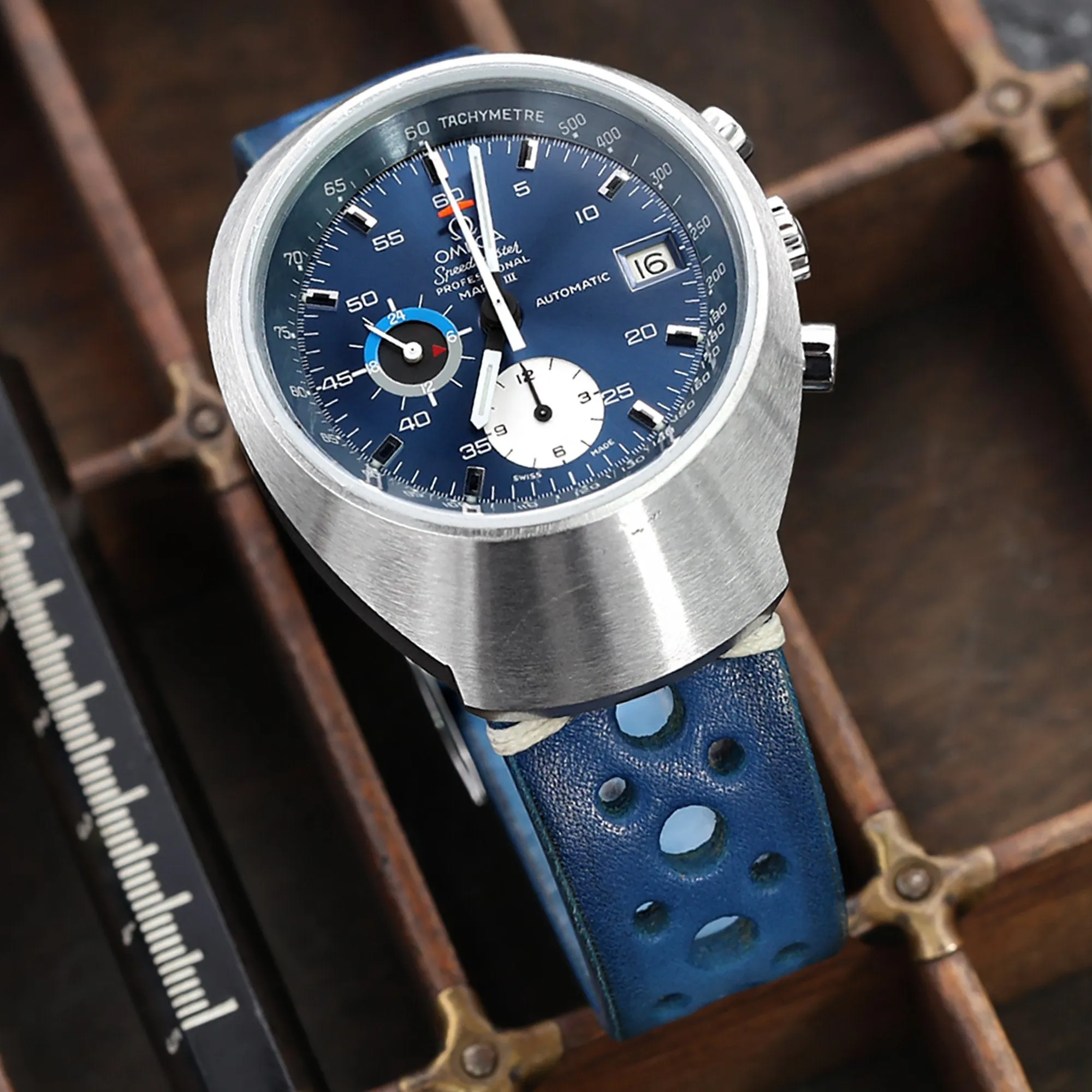 20mm or 22mm MiLTAT Italian Handmade Racer Vintage Blue Watch Strap, White Stitching