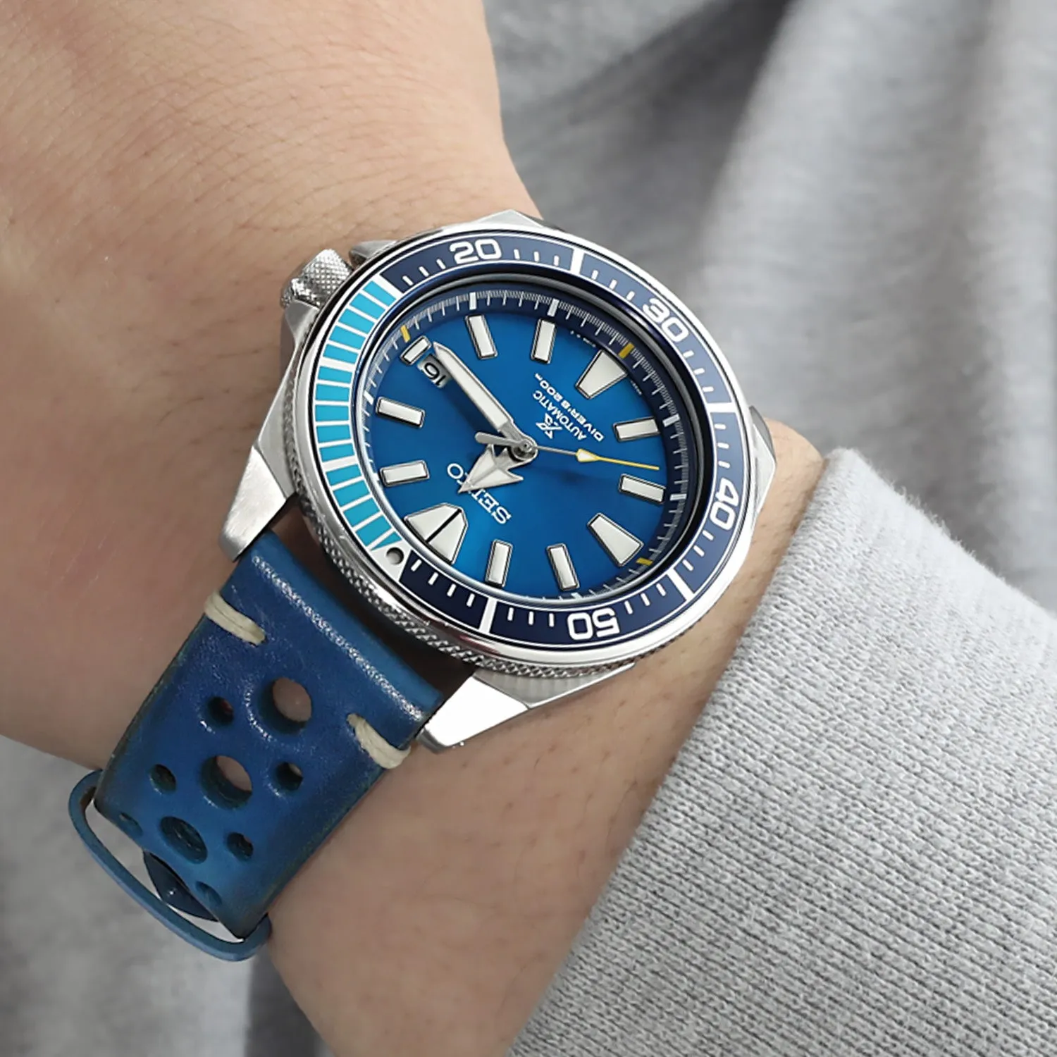20mm or 22mm MiLTAT Italian Handmade Racer Vintage Blue Watch Strap, White Stitching