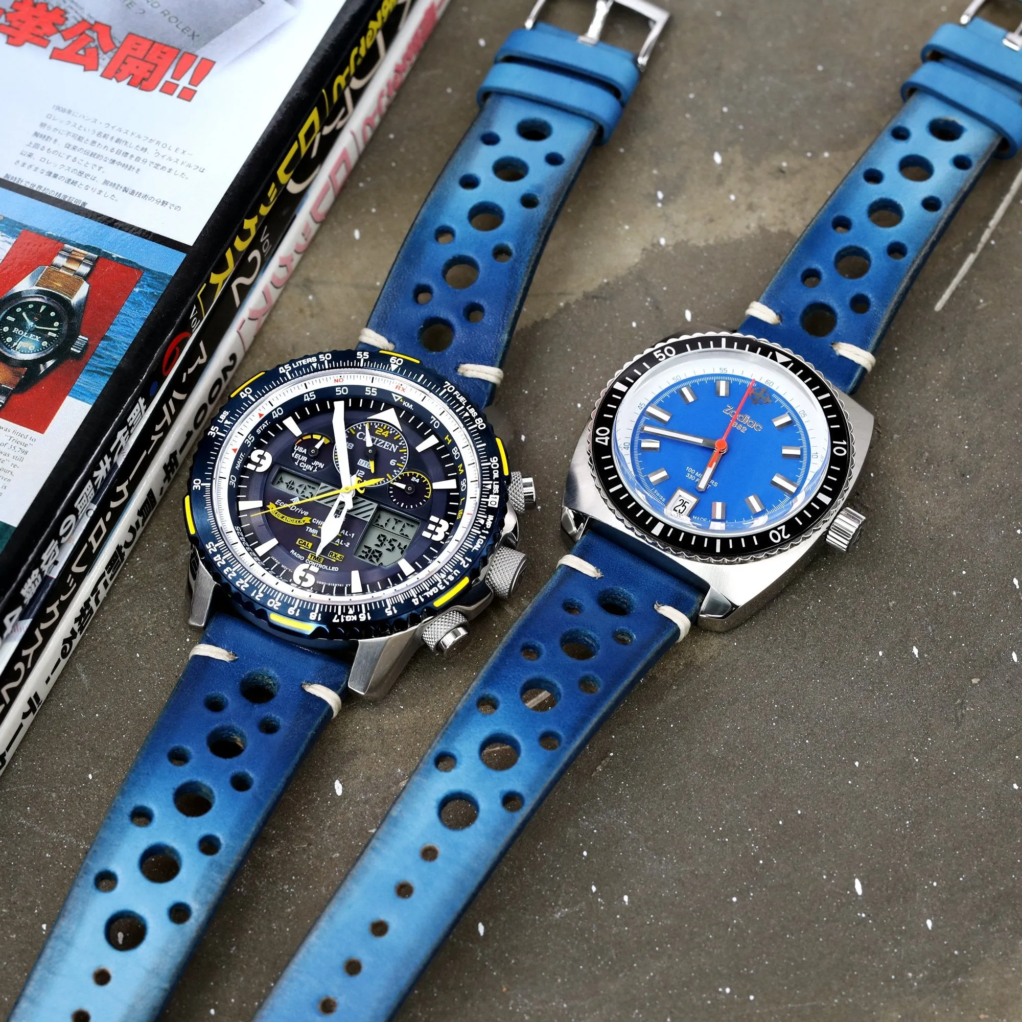 20mm or 22mm MiLTAT Italian Handmade Racer Vintage Blue Watch Strap, White Stitching