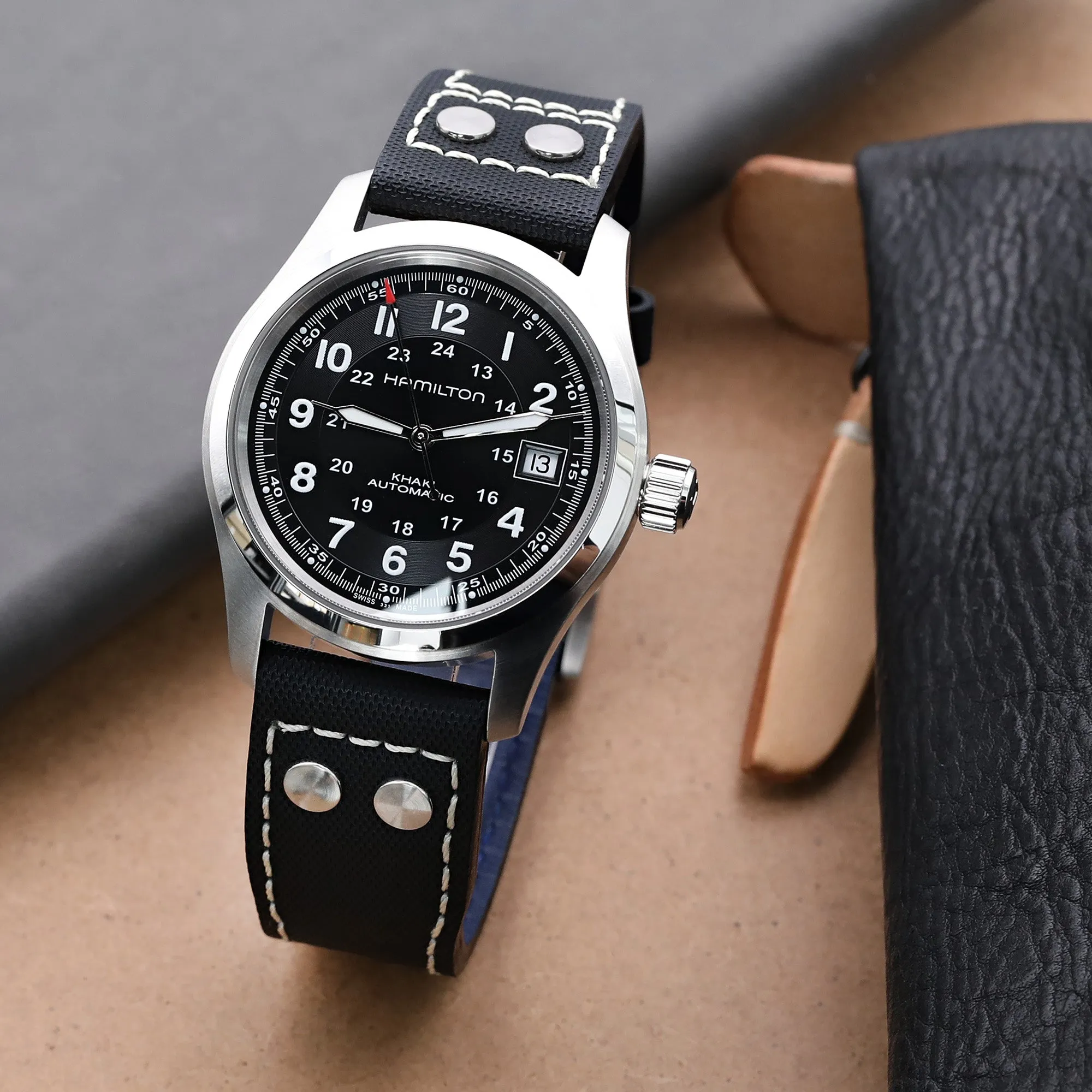 20mm to 23mm Pilot Black Woven Texture Rivet Lug Watch Strap, Beige Stitching, Brushed