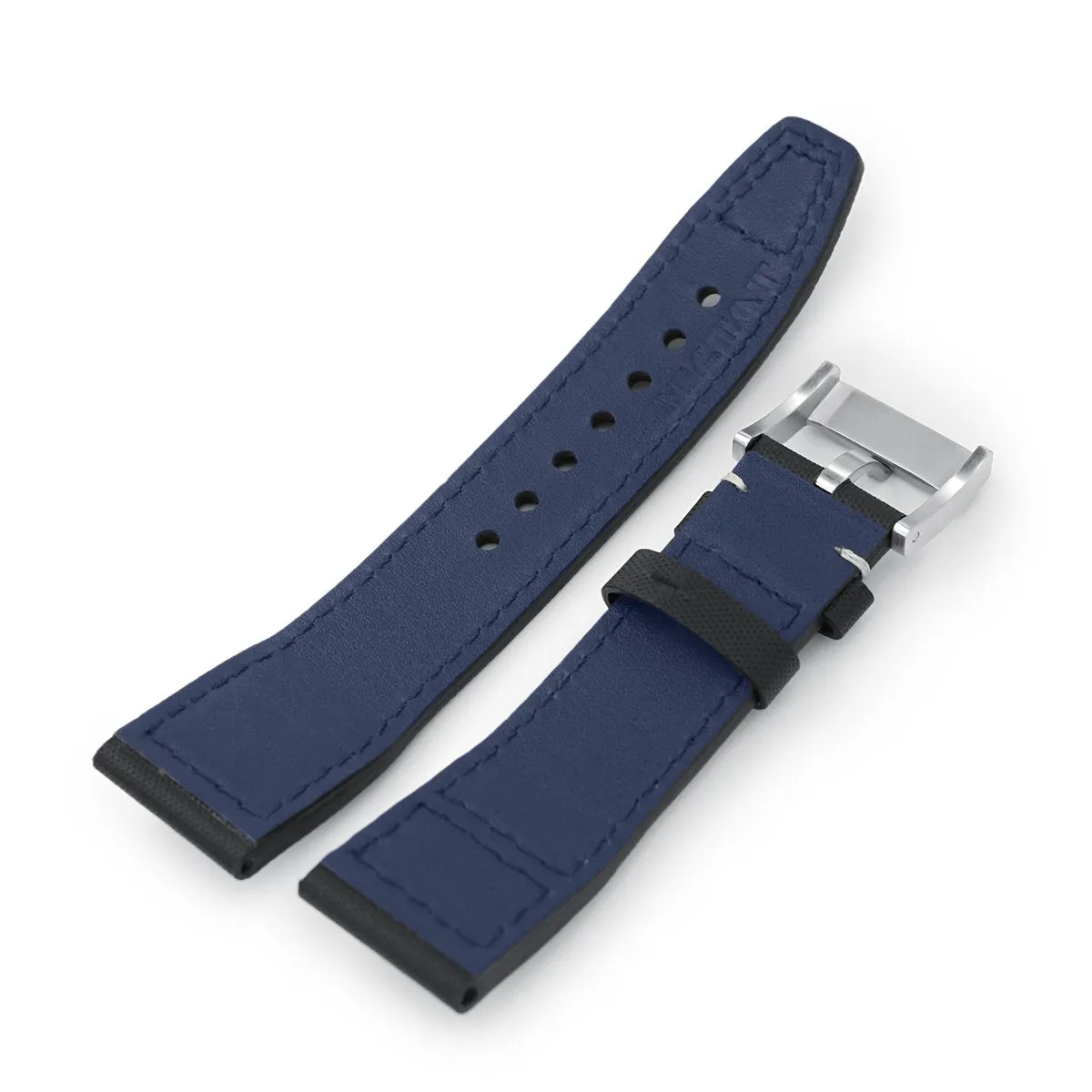 20mm to 23mm Pilot Black Woven Texture Rivet Lug Watch Strap, Beige Stitching, Brushed