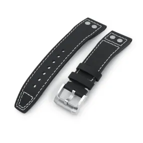20mm to 23mm Pilot Black Woven Texture Rivet Lug Watch Strap, Beige Stitching, Brushed