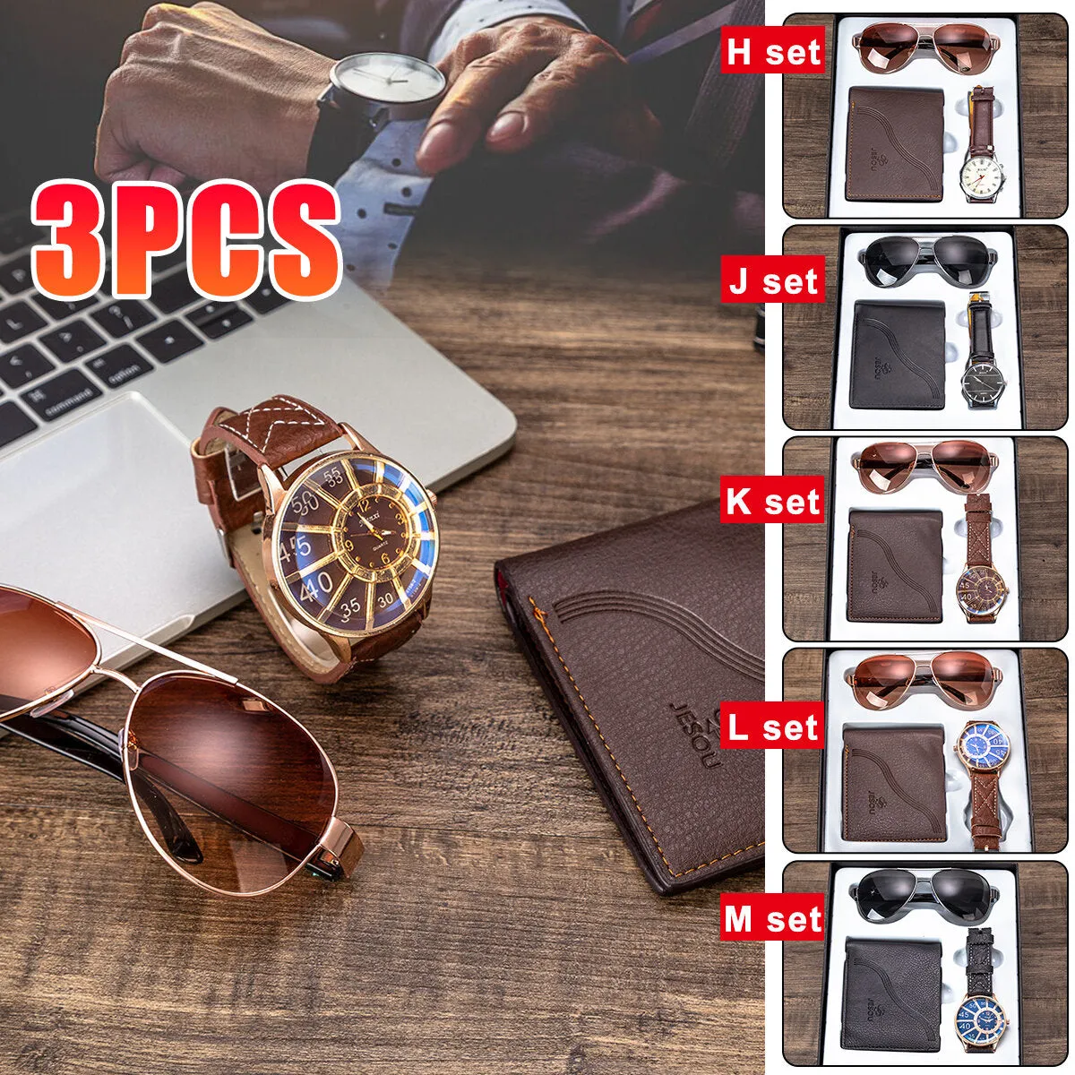3PCS Men's Fashion Gift Set Business Style Quartz Watch Wallet  Sunglasses Set