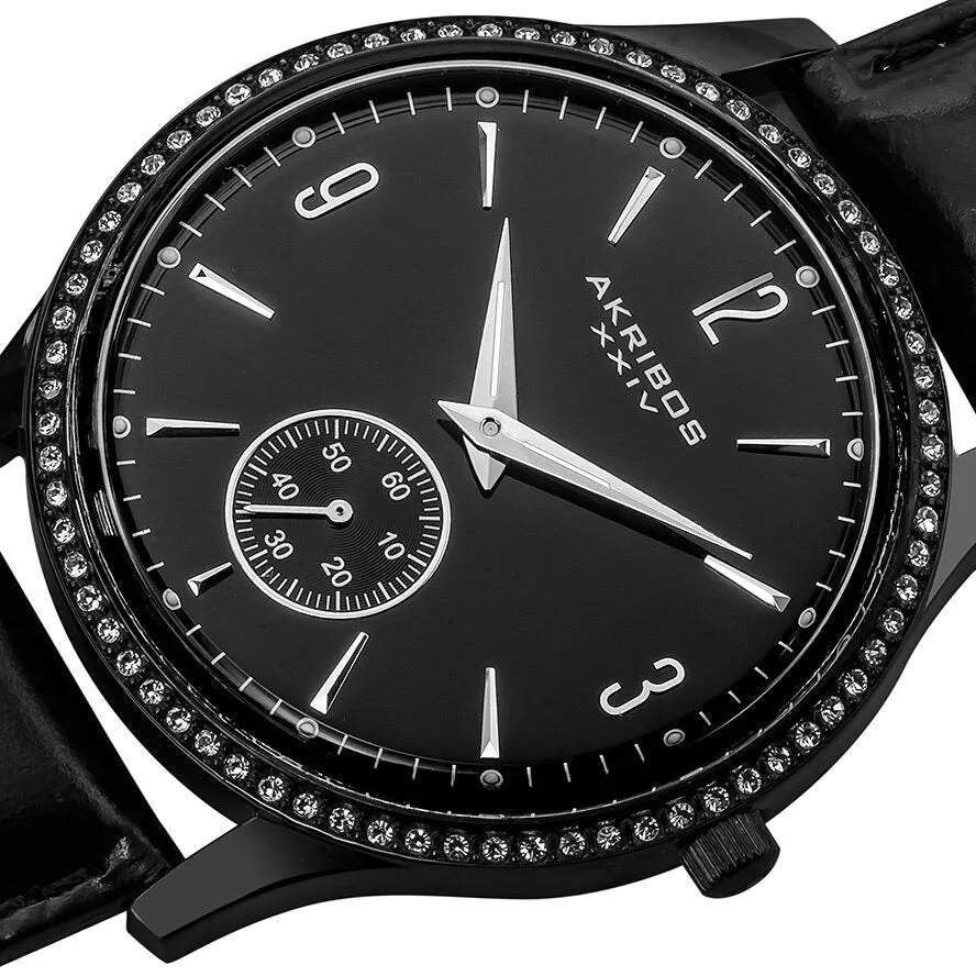 Akribos Xxiv Essential Crystal Quartz Black Leather Strap Men's Watch AK606BK