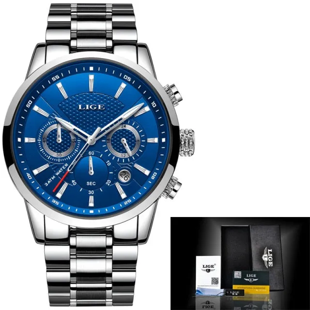 Casual Quartz Watch Men Sport Waterproof Clock Silver Watches