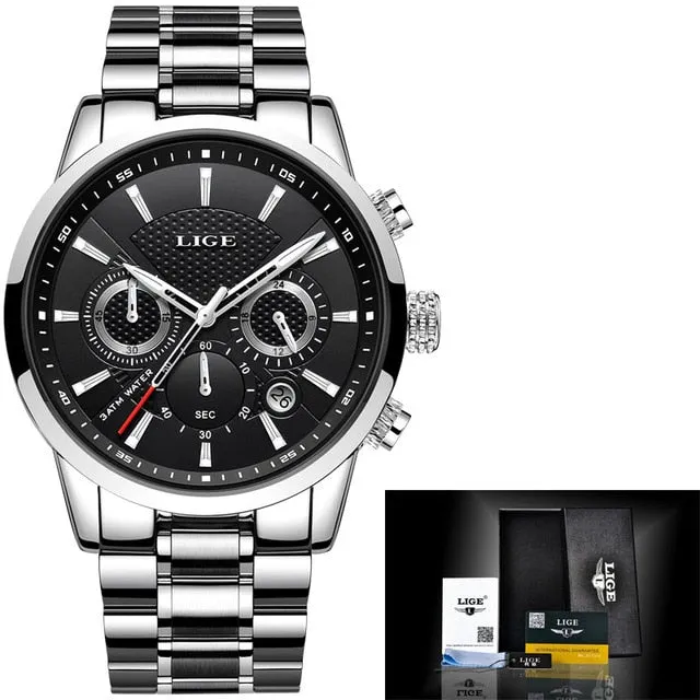 Casual Quartz Watch Men Sport Waterproof Clock Silver Watches