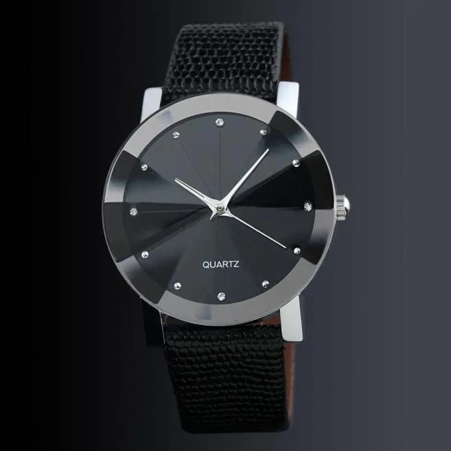 Colck Style Watch Stainless Steel   PU Leather Strap Man Quartz Analog Black