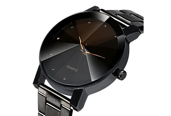 Colck Style Watch Stainless Steel   PU Leather Strap Man Quartz Analog Black