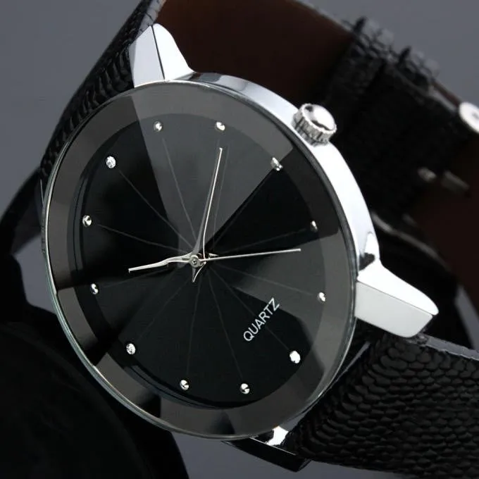 Colck Style Watch Stainless Steel   PU Leather Strap Man Quartz Analog Black