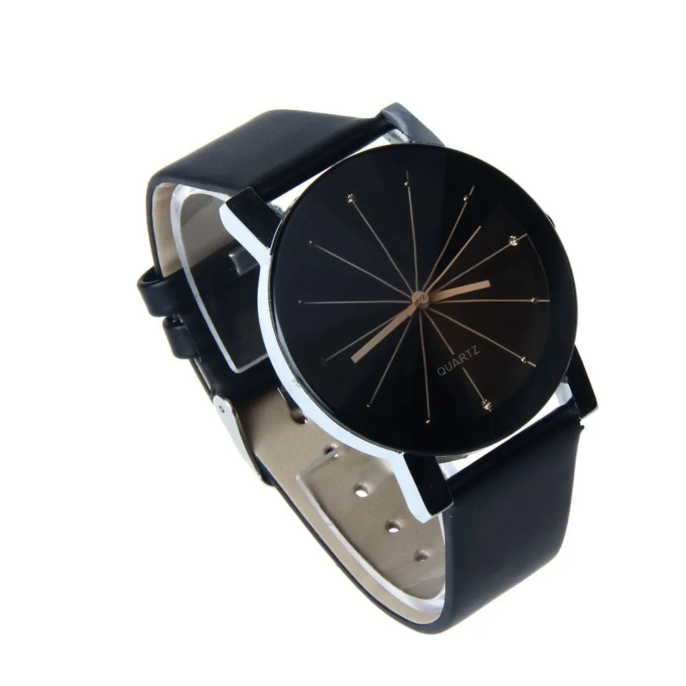Colck Style Watch Stainless Steel   PU Leather Strap Man Quartz Analog Black
