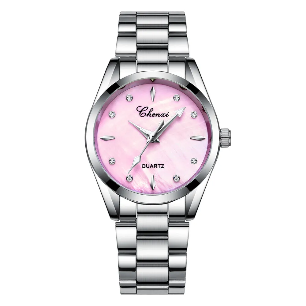 Diamond-set fritillaria dial steel band watch for women W28CX8006T