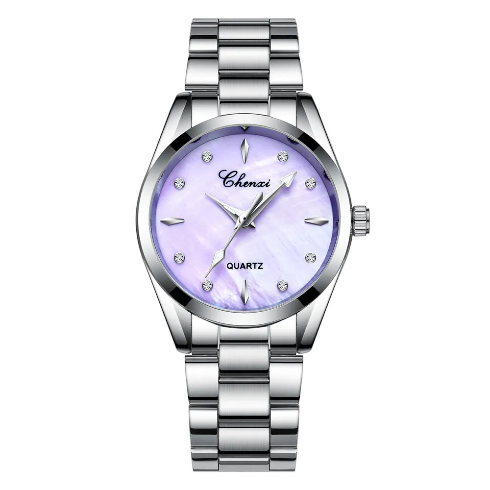 Diamond-set fritillaria dial steel band watch for women W28CX8006T