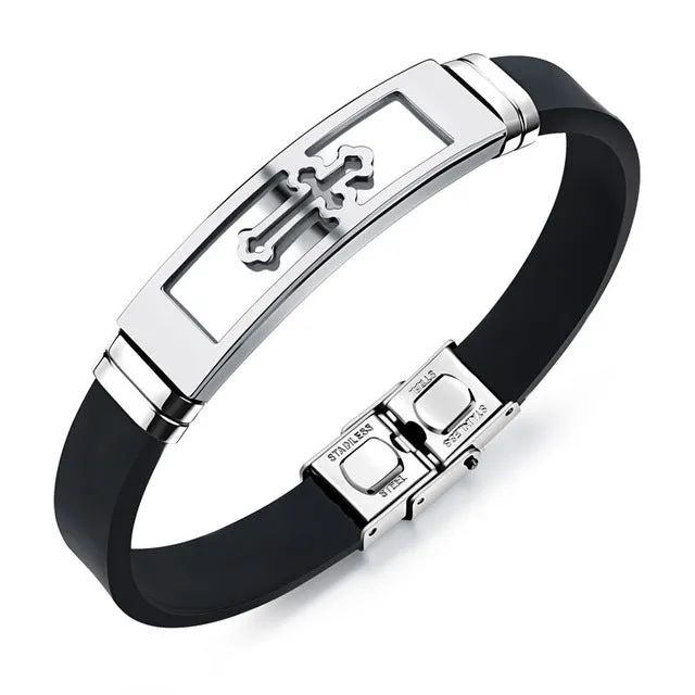 Fate Love Silicone Stainless Steel Cross Bracelet Bangle For Men Silver Gold Black Wristband Masculine Cool Jewelry 1086