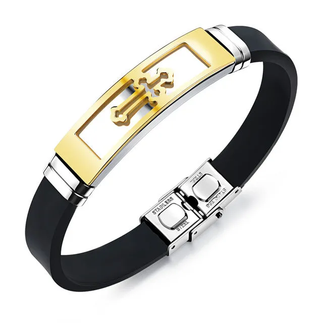 Fate Love Silicone Stainless Steel Cross Bracelet Bangle For Men Silver Gold Black Wristband Masculine Cool Jewelry 1086