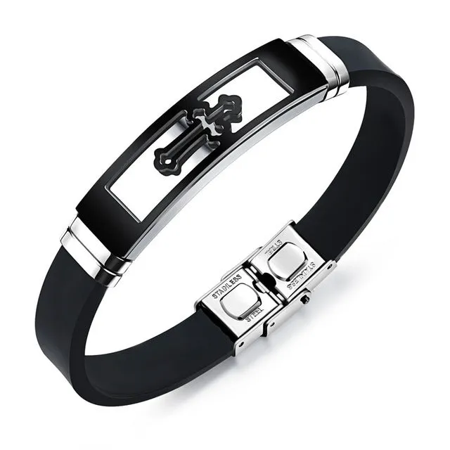 Fate Love Silicone Stainless Steel Cross Bracelet Bangle For Men Silver Gold Black Wristband Masculine Cool Jewelry 1086