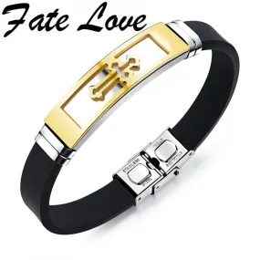 Fate Love Silicone Stainless Steel Cross Bracelet Bangle For Men Silver Gold Black Wristband Masculine Cool Jewelry 1086