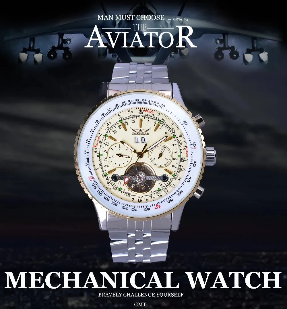 Jaragar Elegant Dial Tourbillon Design Aviator Series Military Scale Yellow Mens Watches Top Brand Luxury Automatic Wrist Watch