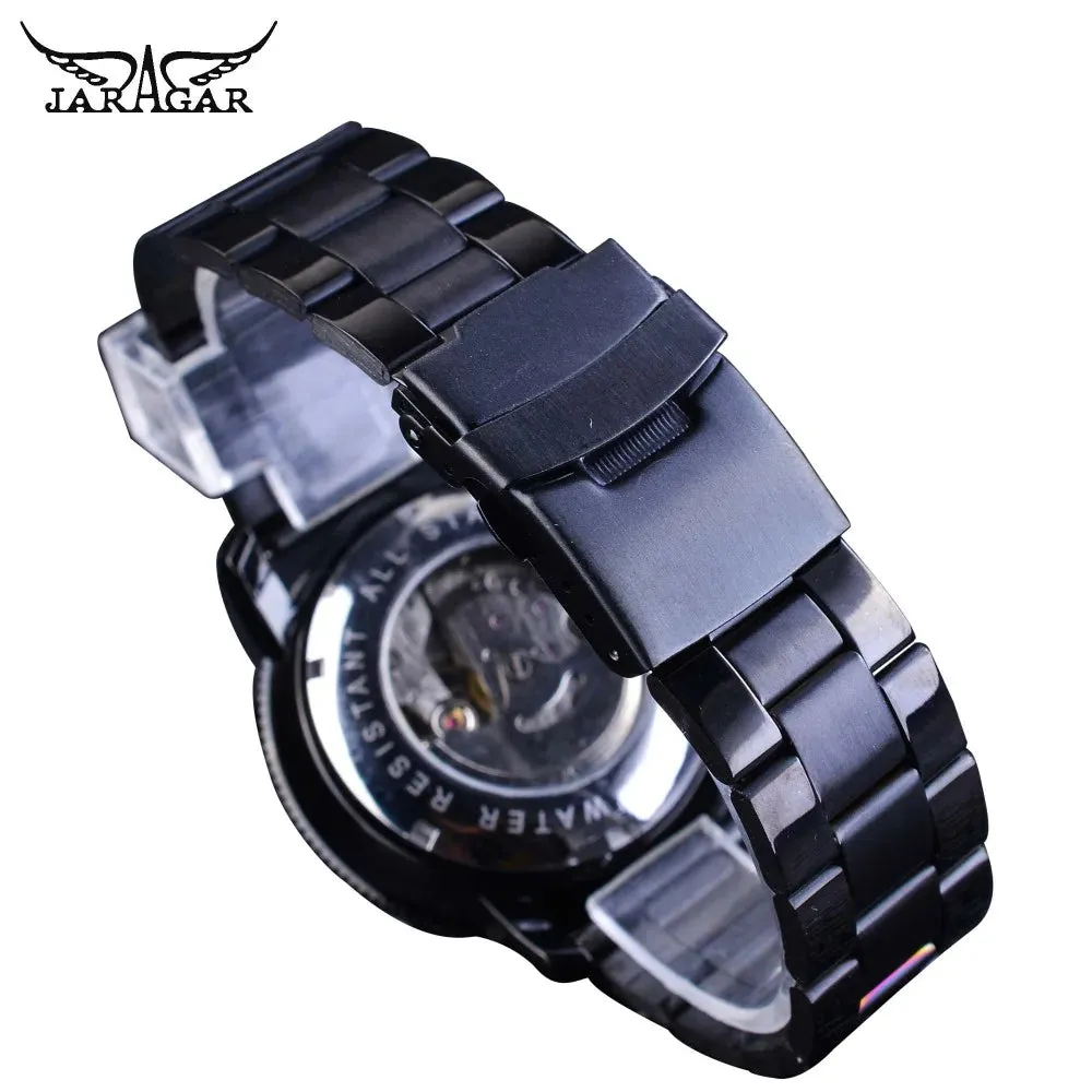 Jaragar Fashion Three Small Dial Date Week Hour Display Black Bracelet Men's Automatic Watches Luminous Hands Military Clock