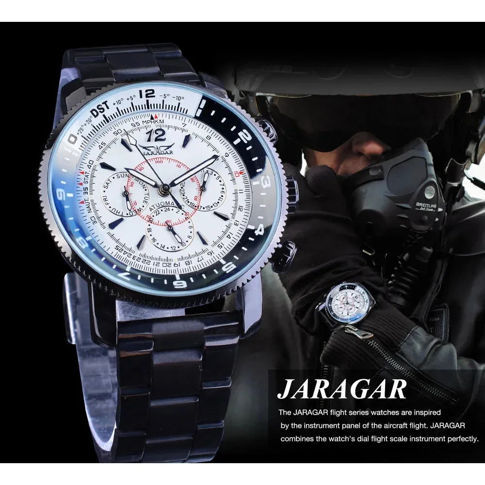 Jaragar Fashion Three Small Dial Date Week Hour Display Black Bracelet Men's Automatic Watches Luminous Hands Military Clock
