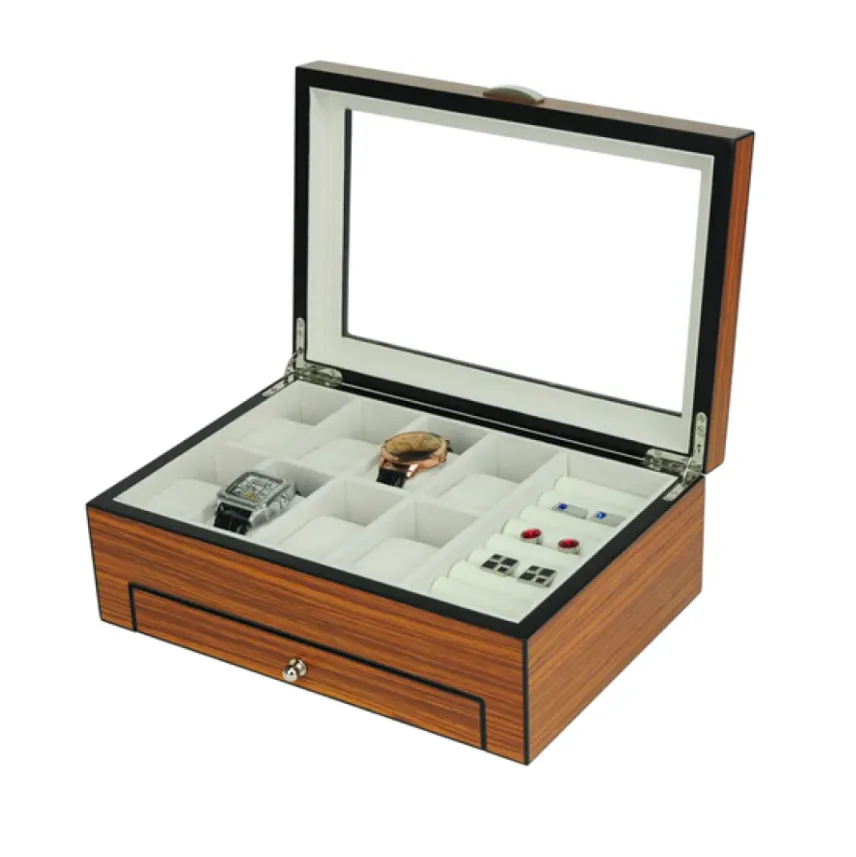 Matte Rosewood Veneer Wooden Watch & Jewelry Box with Drawer