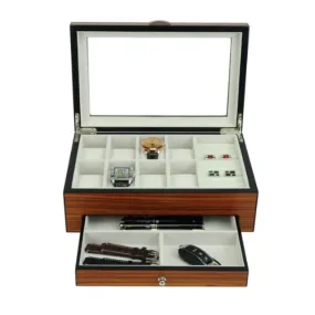 Matte Rosewood Veneer Wooden Watch & Jewelry Box with Drawer