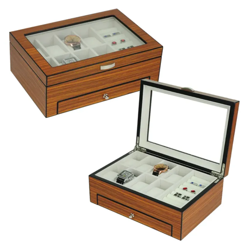 Matte Rosewood Veneer Wooden Watch & Jewelry Box with Drawer