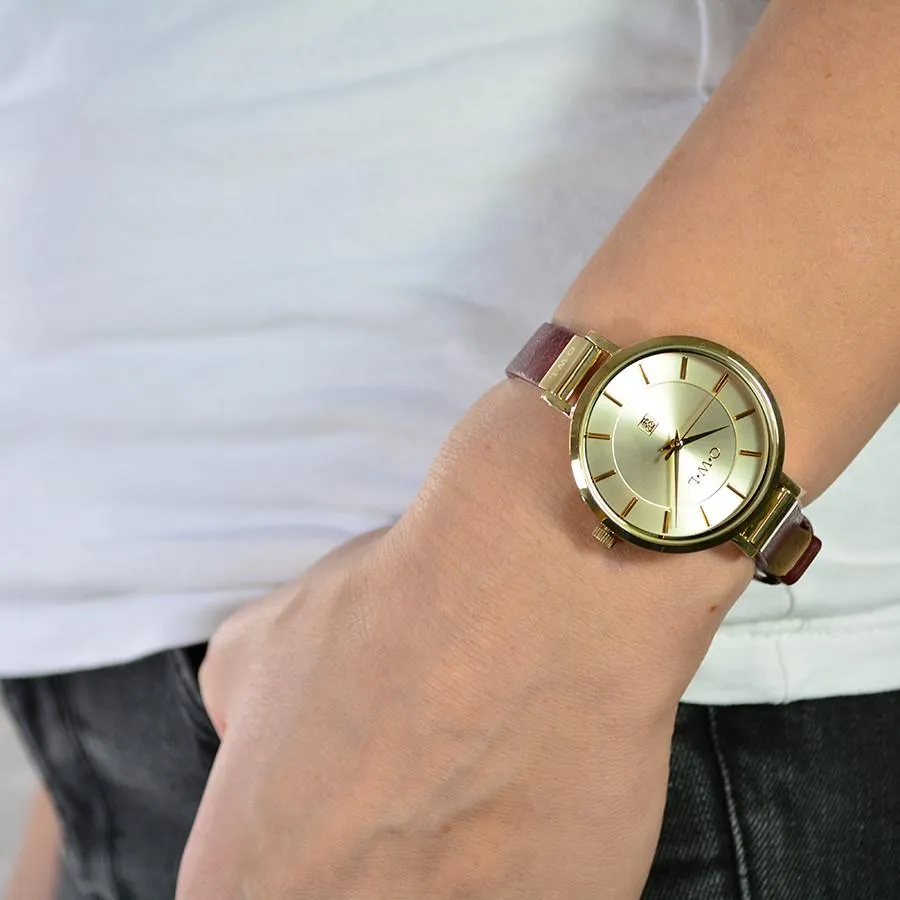MAYFAIR LADIES MID-SIZE WATCH WITH GOLD CASE AND SLIM DEEP-RED LEATHER STRAP