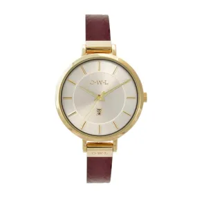 MAYFAIR LADIES MID-SIZE WATCH WITH GOLD CASE AND SLIM DEEP-RED LEATHER STRAP