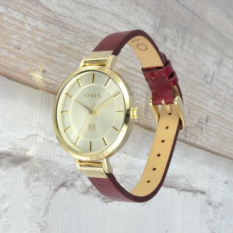 MAYFAIR LADIES MID-SIZE WATCH WITH GOLD CASE AND SLIM DEEP-RED LEATHER STRAP