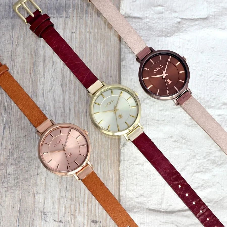 MAYFAIR LADIES MID-SIZE WATCH WITH GOLD CASE AND SLIM DEEP-RED LEATHER STRAP