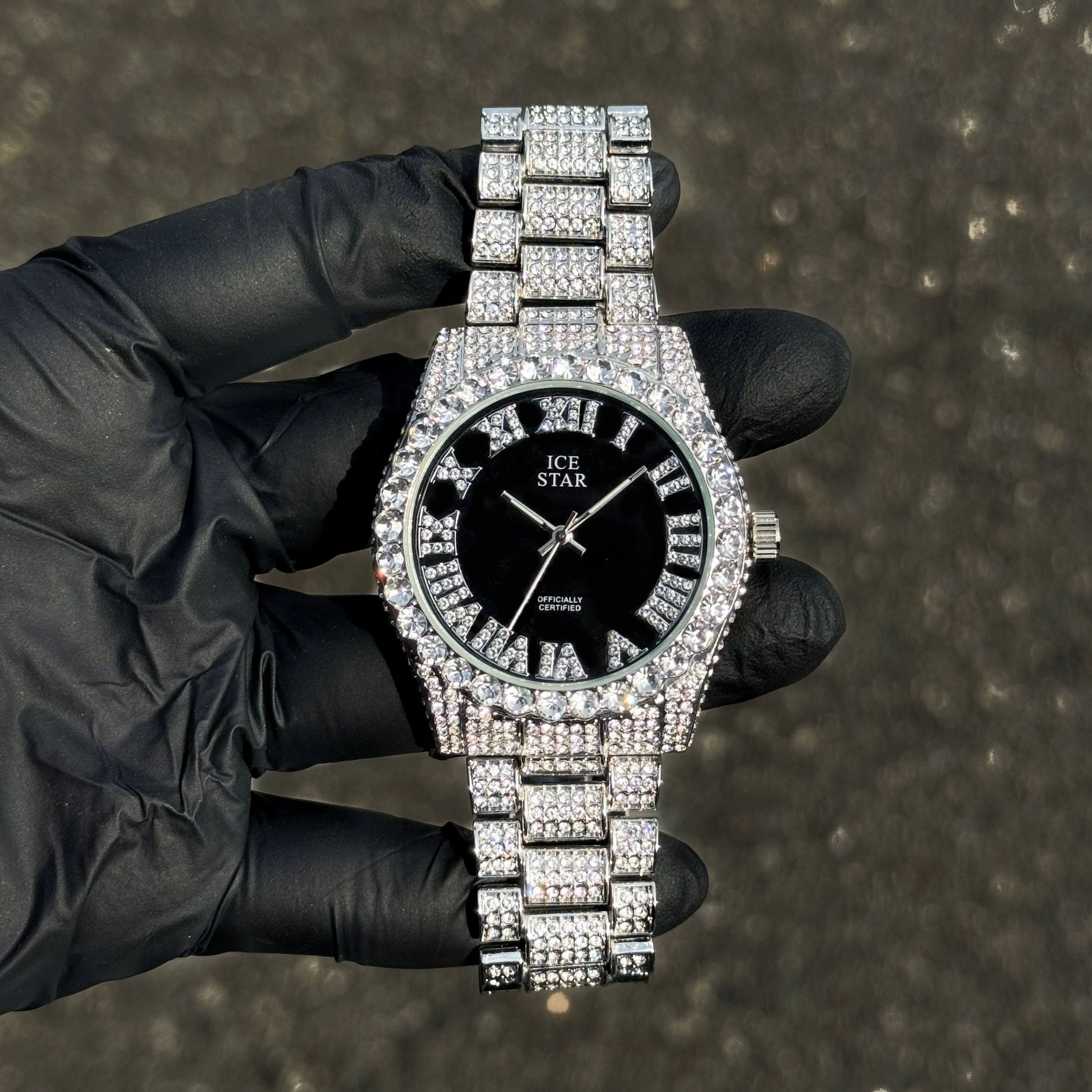 Men's 40mm Silver Iced Out Watch - Solitaire Bezel with Bling-ed Roman Dial - Quartz Movement
