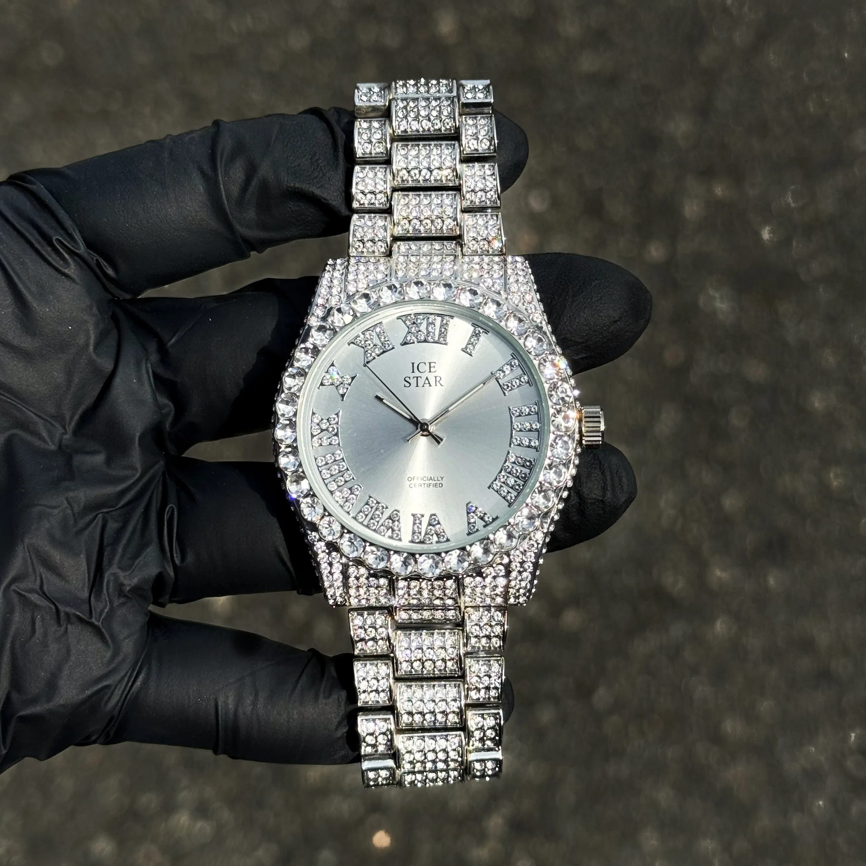 Men's 40mm Silver Iced Out Watch - Solitaire Bezel with Bling-ed Roman Dial - Quartz Movement