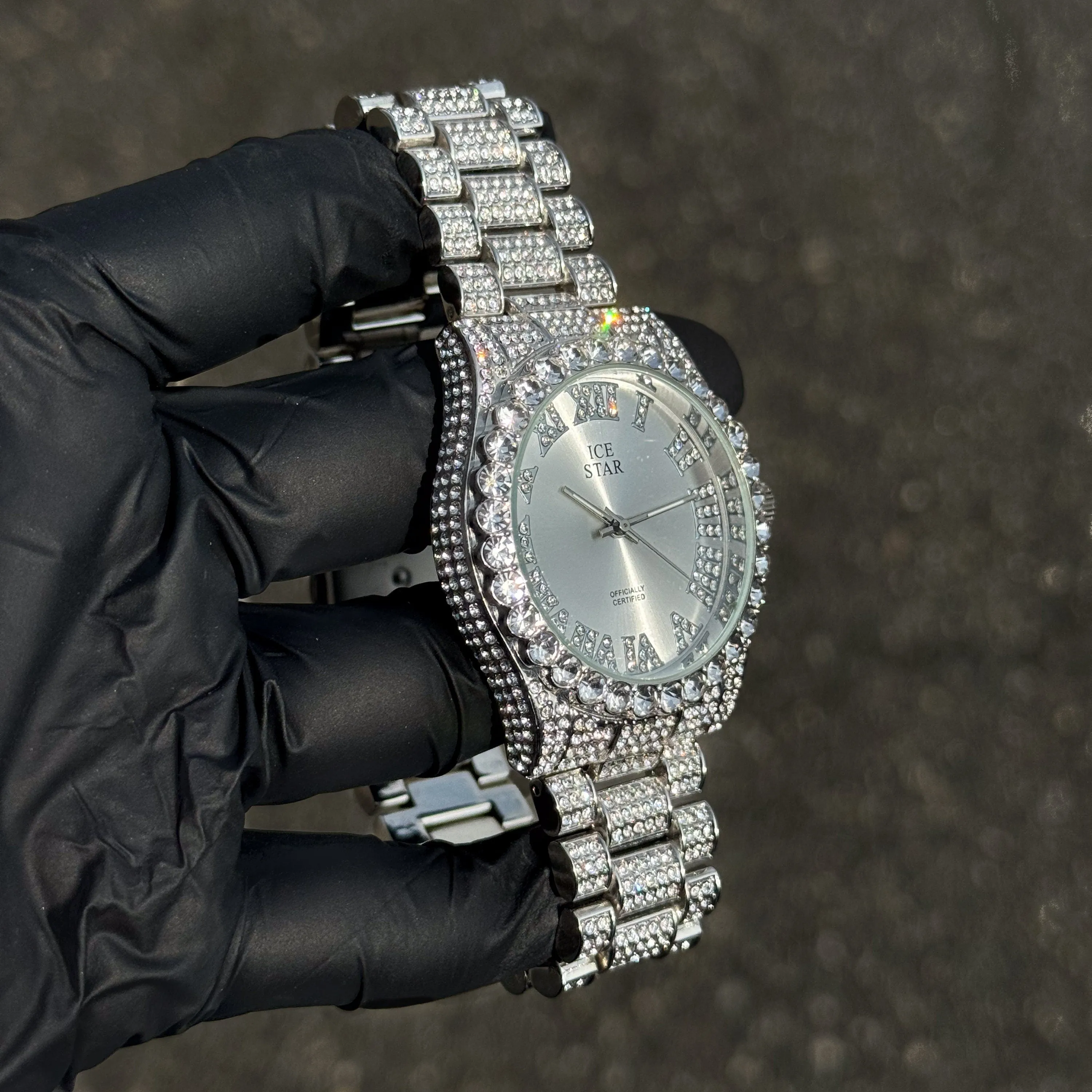 Men's 40mm Silver Iced Out Watch - Solitaire Bezel with Bling-ed Roman Dial - Quartz Movement