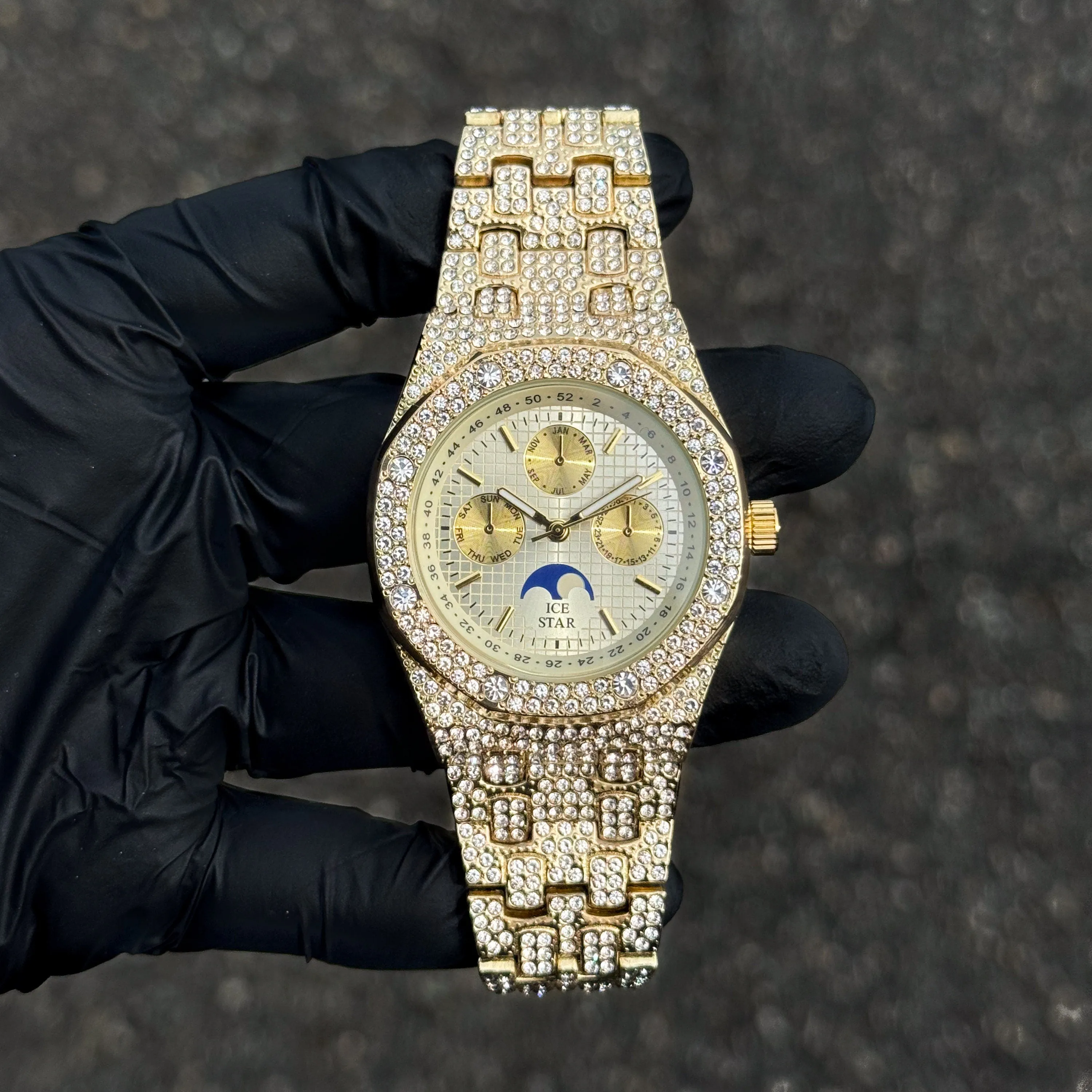 Men's Iced Out Octagon Watch - 42mm Case with Chronograph Dial - Quartz Movement